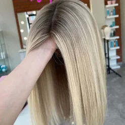 Remy Human Hair 13x4 Lace Front Wig Short Bob Middle Part Brazilian Hair Silky Straight Blonde Wig 130% 150% Density Color Gradient Glueless For Women Short Human Hair Lace Wig