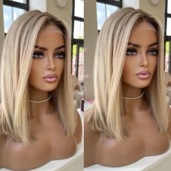 Remy Human Hair 13x4 Lace Front Wig Short Bob Middle Part Brazilian Hair Silky Straight Blonde Wig 130% 150% Density Color Gradient Glueless For Women Short Human Hair Lace Wig