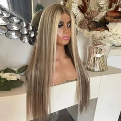 Remy Human Hair 13x4 Lace Front Wig Middle Part Brazilian Hair Silky Straight Multi-color Wig 130% 150% Density with Baby Hair Highlighted / Balayage Hair With Bleached Knots Pre-Plucked For Women