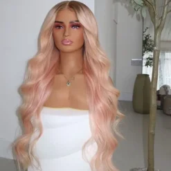 Remy Human Hair 13x4 Lace Front Wig Free Part Brazilian Hair Wavy Pink Wig 130% 150% Density Ombre Hair Natural Hairline Glueless Pre-Plucked For Women Long Human Hair Lace Wig