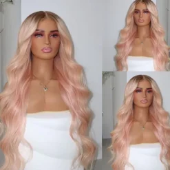 Remy Human Hair 13x4 Lace Front Wig Free Part Brazilian Hair Wavy Pink Wig 130% 150% Density Ombre Hair Natural Hairline Glueless Pre-Plucked For Women Long Human Hair Lace Wig