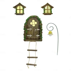 Resin Fairy Door & Window Set with Glow in The Dark Windows, Miniature Sculpture for Trees, Outdoor Decor Accessories