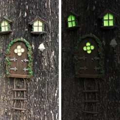 Resin Fairy Door & Window Set with Glow in The Dark Windows, Miniature Sculpture for Trees, Outdoor Decor Accessories