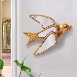 Resin Gold Swallow Sculpture, Home Decor Craft, Wall Hanging 5.7-7 Inches, Mirror Inlaid Surface, Unique Design for Bird Lovers, Collectible Item for Family Parties and Insect Exhibits