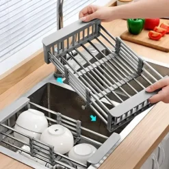 Retractable Dish Drying Rack Stainless Steel, Expandable Kitchen Strainer Drain Draining Basket Over the Sink Adjustable Armrest, Washing Bowl Shelf for Vegetable and Fruit