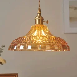 Retro Brass Glass Pendant Light Amber Thic Material Glass Chandelier Blown Glass Drop Ceiling Lights with Adjustable Cord