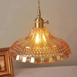 Retro Brass Glass Pendant Light Amber Thic Material Glass Chandelier Blown Glass Drop Ceiling Lights with Adjustable Cord