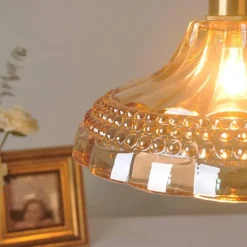 Retro Brass Glass Pendant Light Amber Thic Material Glass Chandelier Blown Glass Drop Ceiling Lights with Adjustable Cord