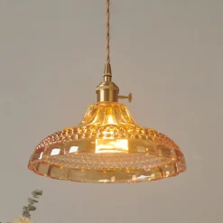 Retro Brass Glass Pendant Light Amber Thic Material Glass Chandelier Blown Glass Drop Ceiling Lights with Adjustable Cord