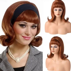 Retro Brown Wig 50s 60s 70s Wig with Bangs for Women Synthetic Hair for Carnival Costume Party Halloween Wigs