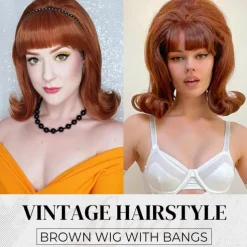 Retro Brown Wig 50s 60s 70s Wig with Bangs for Women Synthetic Hair for Carnival Costume Party Halloween Wigs