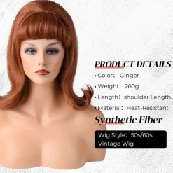 Retro Brown Wig 50s 60s 70s Wig with Bangs for Women Synthetic Hair for Carnival Costume Party Halloween Wigs