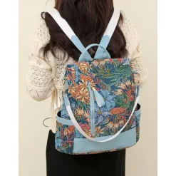 Retro Floral Fabric Backpack for Women – Bohemian Multi-Way Convertible Bag with Artistic Pattern, Great for Commuting, Shopping, or Weekend Outings