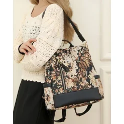 Retro Floral Fabric Backpack for Women – Bohemian Multi-Way Convertible Bag with Artistic Pattern, Great for Commuting, Shopping, or Weekend Outings
