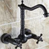 Retro Style Utility Sink Black Laundry Faucet, Wall Mount High Arc Two Handles Two Holes Wash Basin Tap with Hot and Cold Water Hoses, Laundry Tub Pot Filler Commercial Faucet