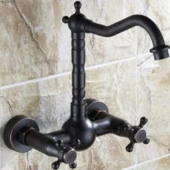 Retro Style Utility Sink Black Laundry Faucet, Wall Mount High Arc Two Handles Two Holes Wash Basin Tap with Hot and Cold Water Hoses, Laundry Tub Pot Filler Commercial Faucet