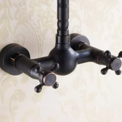 Retro Style Utility Sink Black Laundry Faucet, Wall Mount High Arc Two Handles Two Holes Wash Basin Tap with Hot and Cold Water Hoses, Laundry Tub Pot Filler Commercial Faucet