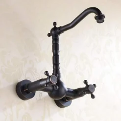 Retro Style Utility Sink Black Laundry Faucet, Wall Mount High Arc Two Handles Two Holes Wash Basin Tap with Hot and Cold Water Hoses, Laundry Tub Pot Filler Commercial Faucet