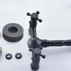 Retro Style Utility Sink Black Laundry Faucet, Wall Mount High Arc Two Handles Two Holes Wash Basin Tap with Hot and Cold Water Hoses, Laundry Tub Pot Filler Commercial Faucet