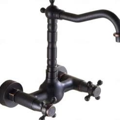 Retro Style Utility Sink Black Laundry Faucet, Wall Mount High Arc Two Handles Two Holes Wash Basin Tap with Hot and Cold Water Hoses, Laundry Tub Pot Filler Commercial Faucet