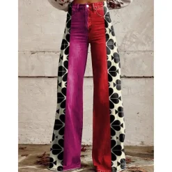 Retro Vintage Boho 1970s Pants Wide Legged Pants Hippie Disco High Waist Floral Faux Jeans Style Fancy Dress Women's Halloween Carnival Music Festival Pride Parade Retro Theme Party Adults Pants