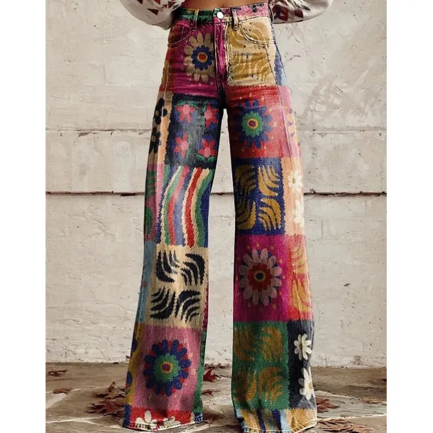 Retro Vintage Boho 1970s Pants Wide Legged Pants Hippie Disco High Waist Floral Faux Jeans Style Fancy Dress Women's Halloween Carnival Music Festival Pride Parade Retro Theme Party Adults Pants
