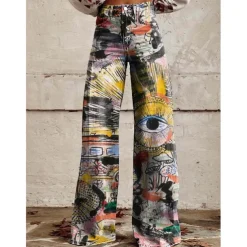 Retro Vintage Boho 1970s Pants Wide Legged Pants Hippie Disco High Waist Floral Faux Jeans Style Fancy Dress Women's Halloween Carnival Music Festival Pride Parade Retro Theme Party Adults Pants