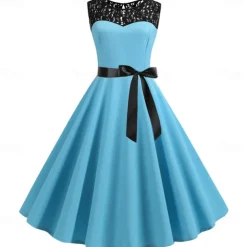 Retro Vintage Hepburn Cocktail Dress Knee Length Dress Flare Dress Normal Sleeveless Jacquard Lace A-Line Round Neck Fancy Dress Women's Carnival New Year Masquerade Casual Dress Adults' Dress All