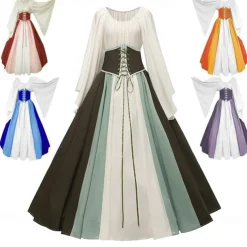Retro Vintage Medieval Renaissance Dress Chemise OverDress Lady Viking Elven Color Block Fancy Dress Women's Celtic Fantasy Carnival Masquerade Party Casual Daily Adults' Dress