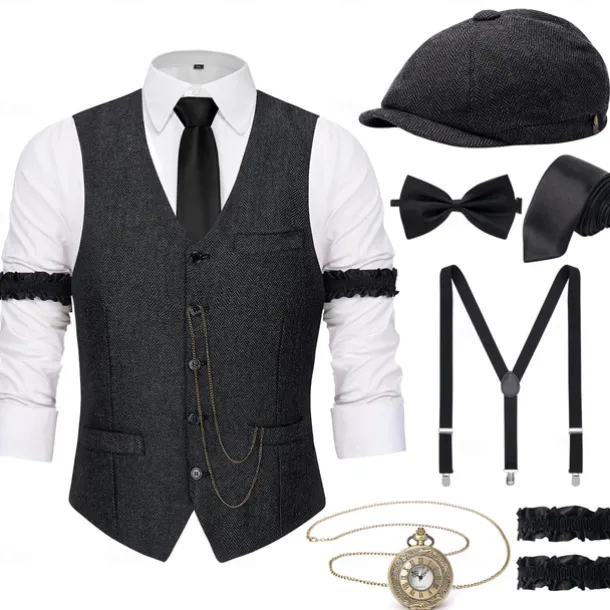 Retro Vintage Roaring 20s 1920s Outfits Waistcoat Accessories Set Gentleman Gangster Fancy Dress Men's Carnival Costume 8 PCS Christmas Halloween Carnival Masquerade Cocktail Party Theme Party Adults'
