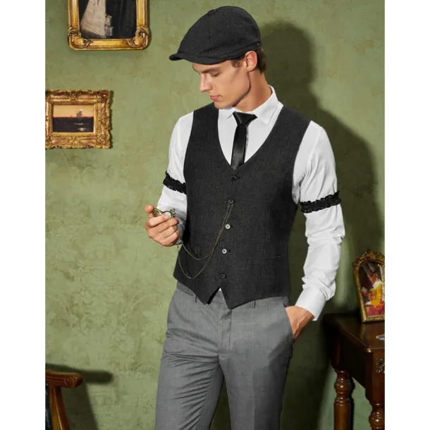 Retro Vintage Roaring 20s 1920s Outfits Waistcoat Accessories Set Gentleman Gangster Fancy Dress Men's Carnival Costume 8 PCS Christmas Halloween Carnival Masquerade Cocktail Party Theme Party Adults'