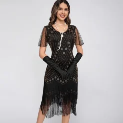 Retro Vintage Roaring 20s 1920s Midi Flapper Dress The Great Gatsby Flapper Girl Sequins Fringe Sheath / Column Fancy Dress Women's Christmas Halloween Carnival Wedding Evening Party Masquerade Adults