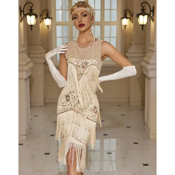 Retro Vintage Roaring 20s 1920s Dress Masquerade Christmas Party Dress Wedding Guest Sequins Tassel Fringe Fancy Dress Women's Halloween Carnival Masquerade Wedding Wedding Guest Party / Evening