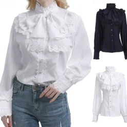 Retro Vintage Rococo Medieval Blouse / Shirt Ruffle Sleeve Princess Vampire Queen Lace Bow Solid Colored Fancy Dress Women's Pirate Royal Steampunk Masquerade Casual Daily Adults' Blouses