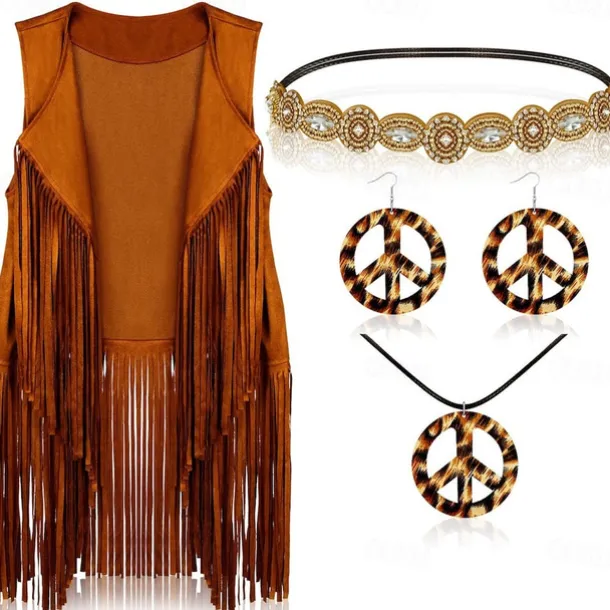 Retro Vintage 1960s 1970s Cosplay Costume Outfits Accesories Set Hippie Fancy Dress Women's Carnival Masquerade Party / Evening Pride Parade Pride Month Adults' Vest Headwear Earring Spring & Summer