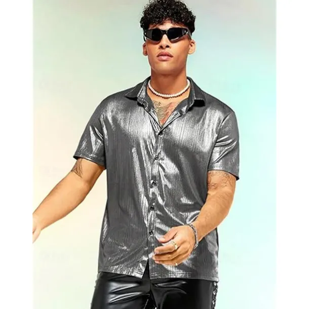 Retro Vintage 1970s 1980s Shirt Disco Shiny Metallic Fancy Dress Men's Carnival Costume Christmas Halloween Carnival Club Theme Party Pride Parade Adults' Shirt