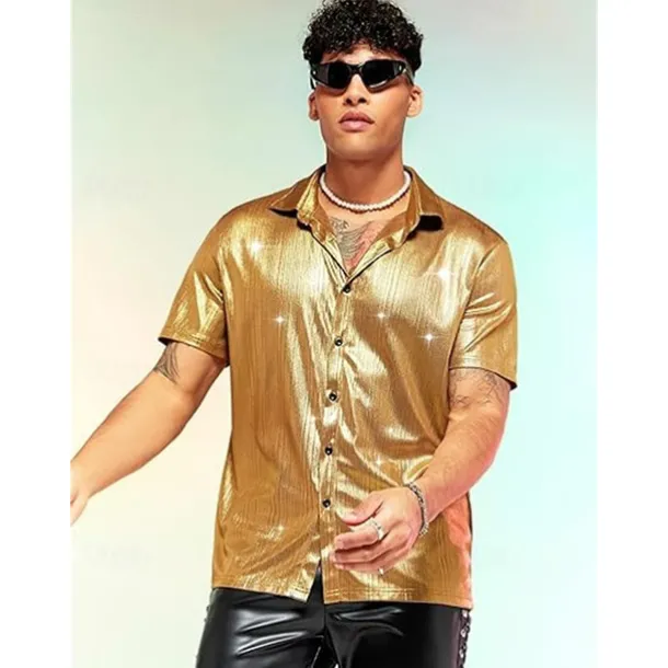Retro Vintage 1970s 1980s Shirt Disco Shiny Metallic Fancy Dress Men's Carnival Costume Christmas Halloween Carnival Club Theme Party Pride Parade Adults' Shirt