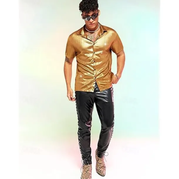 Retro Vintage 1970s 1980s Shirt Disco Shiny Metallic Fancy Dress Men's Carnival Costume Christmas Halloween Carnival Club Theme Party Pride Parade Adults' Shirt