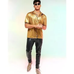 Retro Vintage 1970s 1980s Shirt Disco Shiny Metallic Fancy Dress Men's Carnival Costume Christmas Halloween Carnival Club Theme Party Pride Parade Adults' Shirt