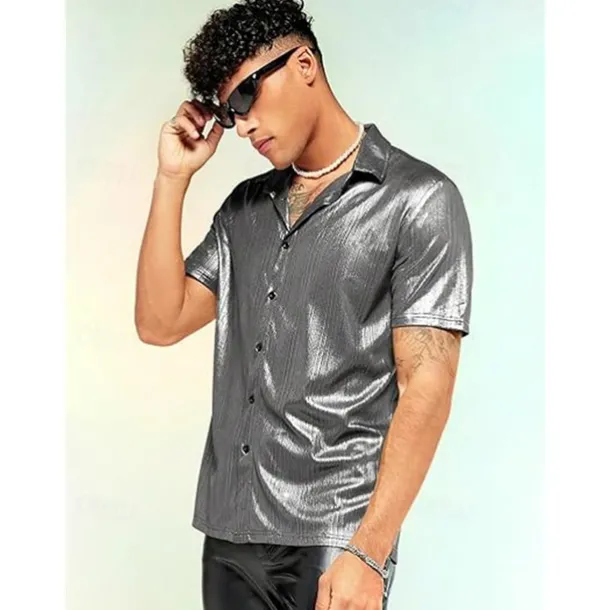 Retro Vintage 1970s 1980s Shirt Disco Shiny Metallic Fancy Dress Men's Carnival Costume Christmas Halloween Carnival Club Theme Party Pride Parade Adults' Shirt