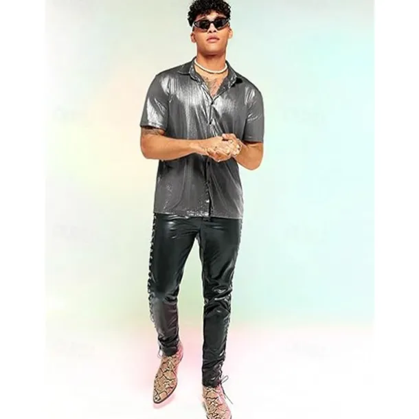 Retro Vintage 1970s 1980s Shirt Disco Shiny Metallic Fancy Dress Men's Carnival Costume Christmas Halloween Carnival Club Theme Party Pride Parade Adults' Shirt