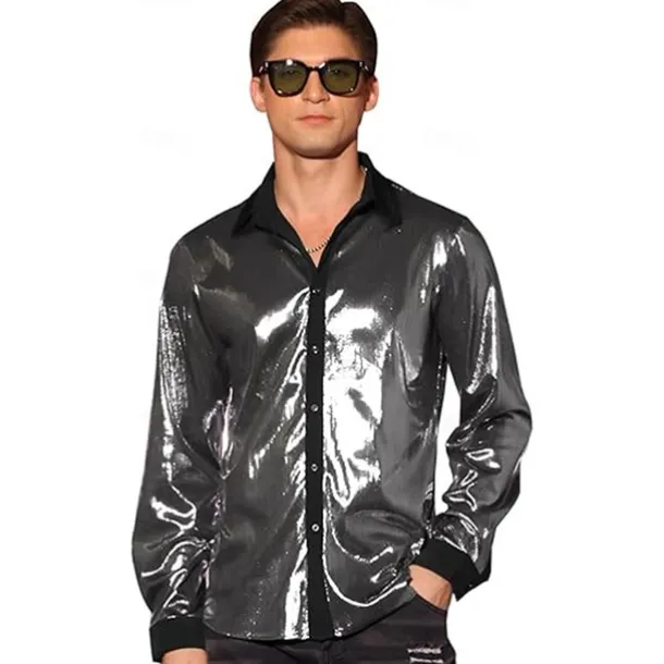 Retro Vintage 1970s 1980s Shirt Disco Shiny Metallic Fancy Dress Men's Carnival Costume Halloween Carnival Performance Party Club Adults' Shirt
