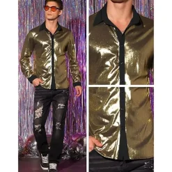 Retro Vintage 1970s 1980s Shirt Disco Shiny Metallic Fancy Dress Men's Carnival Costume Halloween Carnival Performance Party Club Adults' Shirt