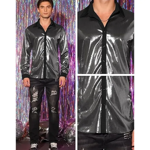 Retro Vintage 1970s 1980s Shirt Disco Shiny Metallic Fancy Dress Men's Carnival Costume Halloween Carnival Performance Party Club Adults' Shirt