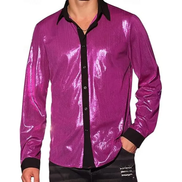 Retro Vintage 1970s 1980s Shirt Disco Shiny Metallic Fancy Dress Men's Carnival Costume Halloween Carnival Performance Party Club Adults' Shirt