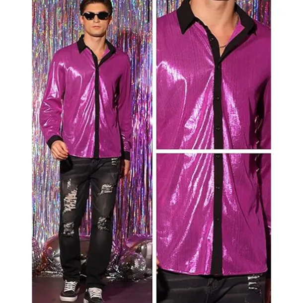 Retro Vintage 1970s 1980s Shirt Disco Shiny Metallic Fancy Dress Men's Carnival Costume Halloween Carnival Performance Party Club Adults' Shirt