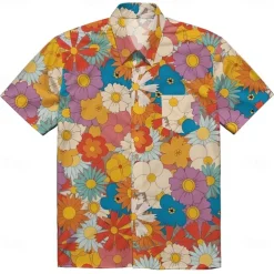Retro Vintage 1970s Shirt Aloha Shirt Hippie Disco Floral Daisy Fancy Dress Men's Masquerade Vacation Party Pride Parade Adults' Shirt
