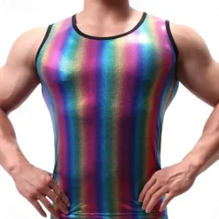 Retro Vintage 1980s Tank Top Singlet Disco Shiny Latex Patent Metallic Rainbow Fancy Dress Men's Halloween Carnival Pride Parade Pride Month Adults' Vest All Seasons