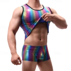 Retro Vintage 1980s Tank Top Singlet Disco Shiny Latex Patent Metallic Rainbow Fancy Dress Men's Halloween Carnival Pride Parade Pride Month Adults' Vest All Seasons