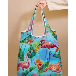 Reusable Foldable Shopping Bag with Tropical Print – Large Capacity Eco-Friendly Tote for Women, Lightweight and Durable for Groceries, Travel or Beach Use Blue Green